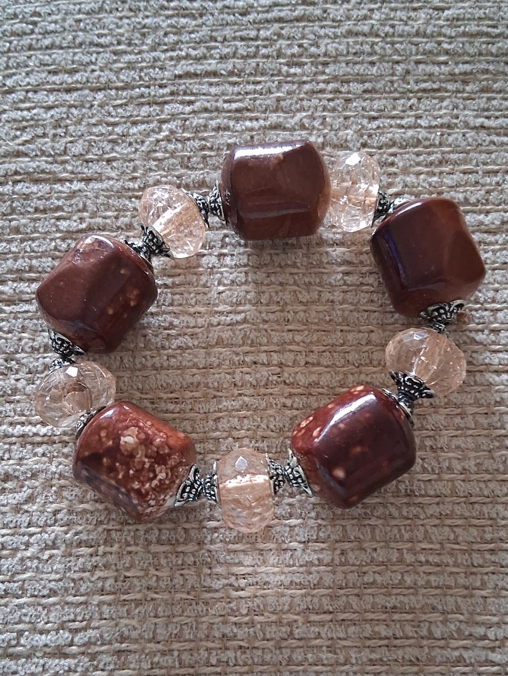 Brown Ceramic & Clear Crystal Stretch Bracelet by